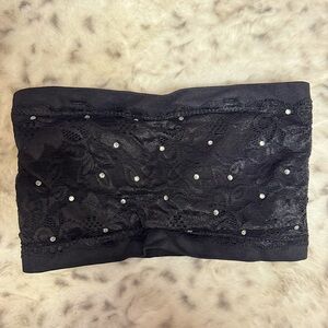 Bandeau tube top rhinestone crystal diamond bling black silver lace stretchy y2k